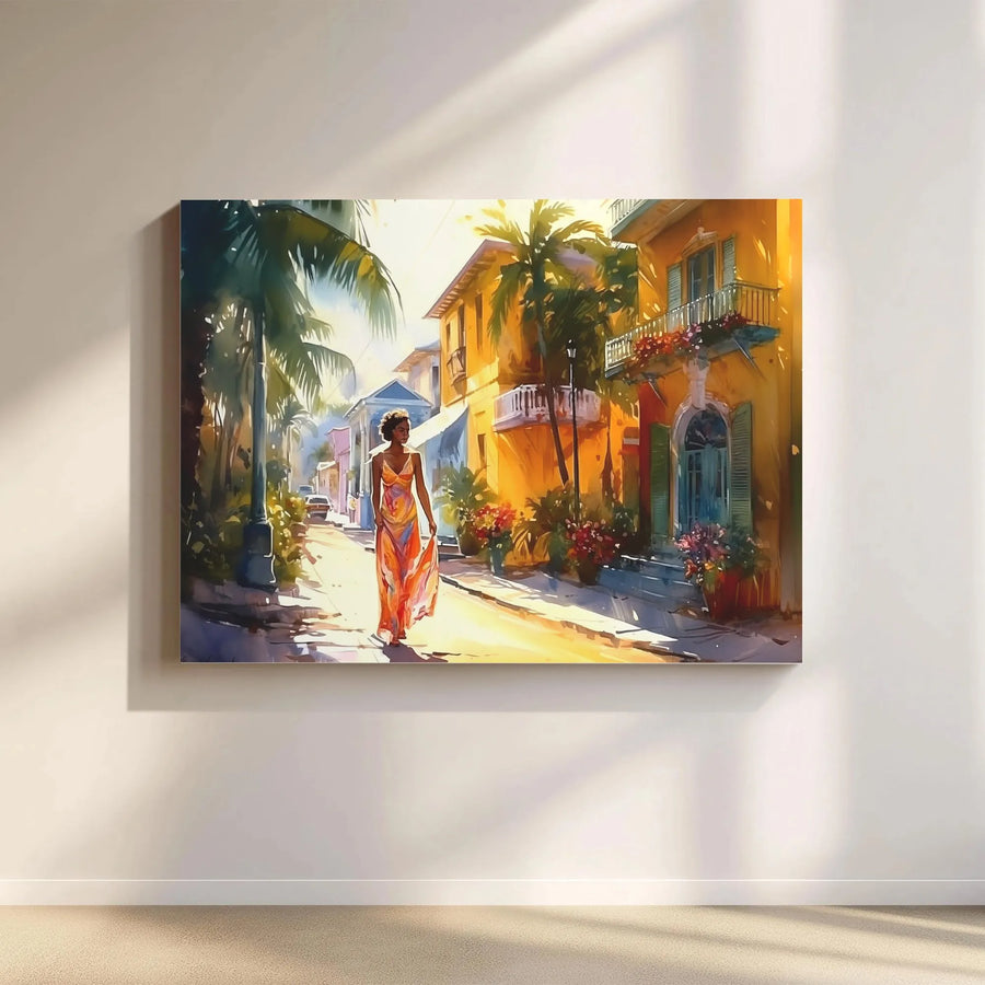 Caribbean Black Woman Art Canvas | Vibrant Tropical Town Watercolor Print | Premium Gallery Wrap Canvas | Modern Island Home Decor Gift
