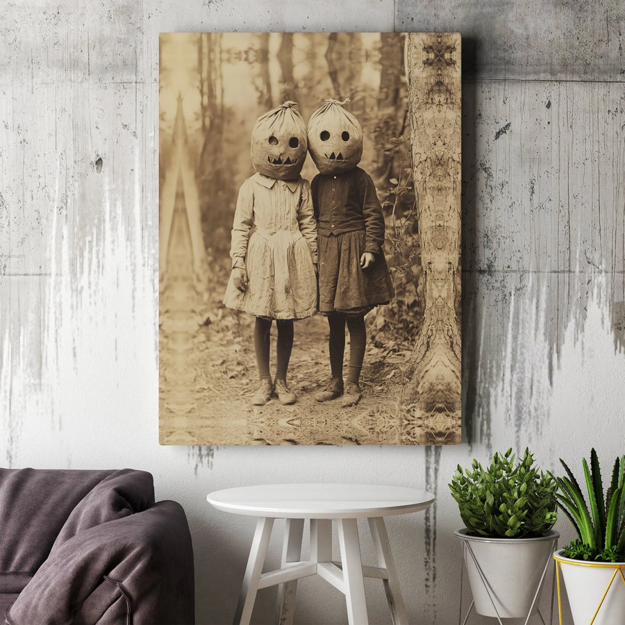 Vintage Halloween Wall Art | Creepy Jack-O'-Lantern Children Photo | Premium Gallery Wrap Canvas | Gothic Home Decor Gift for Horror Fans