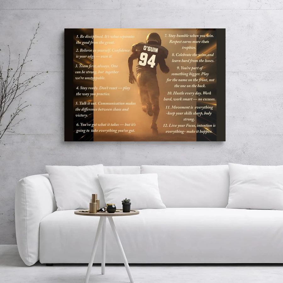 Football Motivational Canvas Wall Art | 12 Rules of Success Athlete Quote Print | Premium Gallery Wrap Decor | Gift for Football Player & Coach