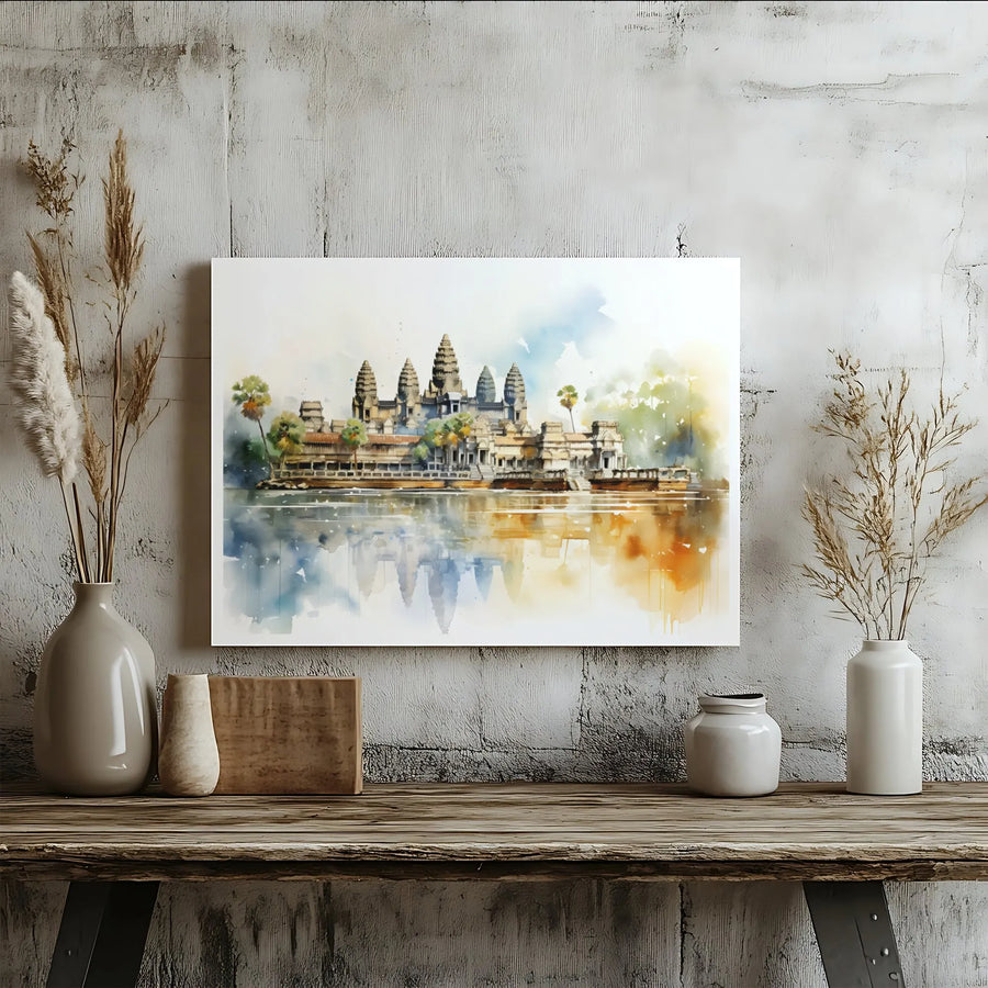 Angkor Wat Canvas Print | Watercolor Cambodia Temple Wall Art | Premium Gallery Wrapped Decor | Travel Gift for World Travelers