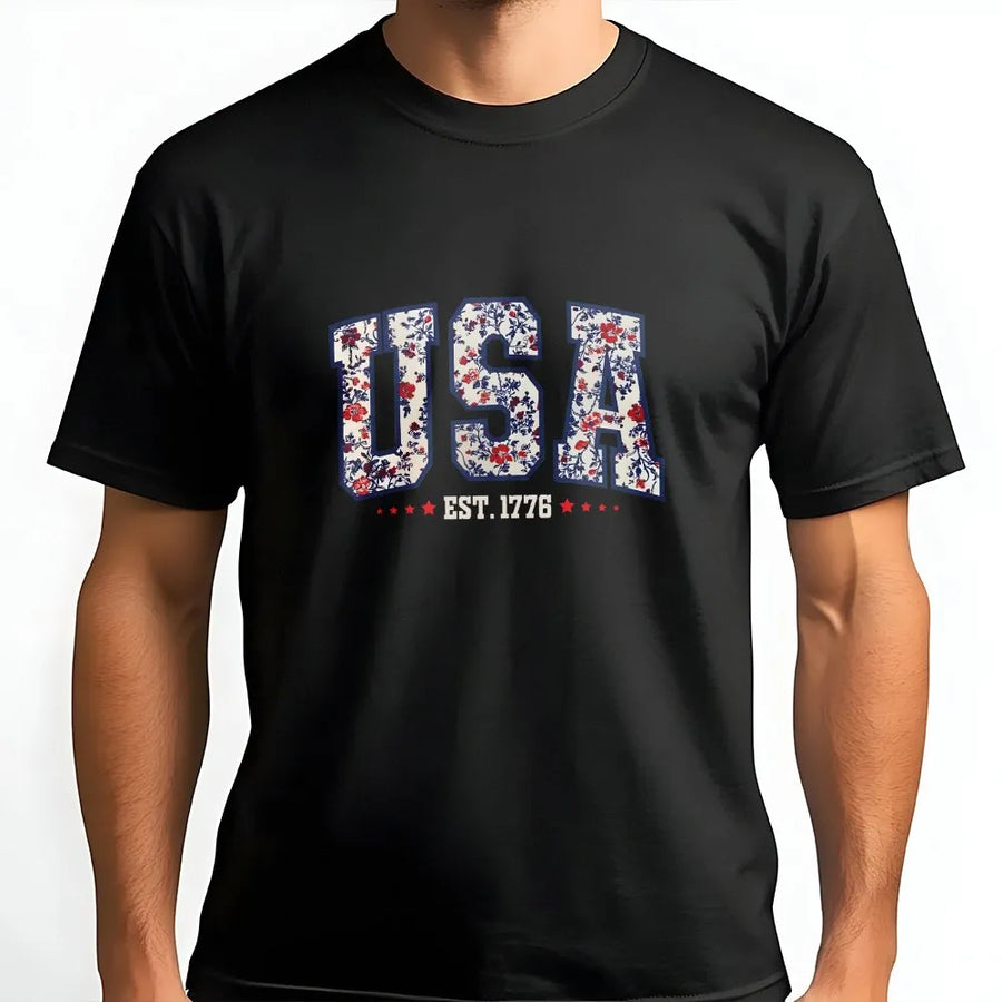 Girly USA T-Shirt | Floral Patriotic Est 1776 Sweatshirt | Cozy Cotton Blend | 4th of July Gift for Women