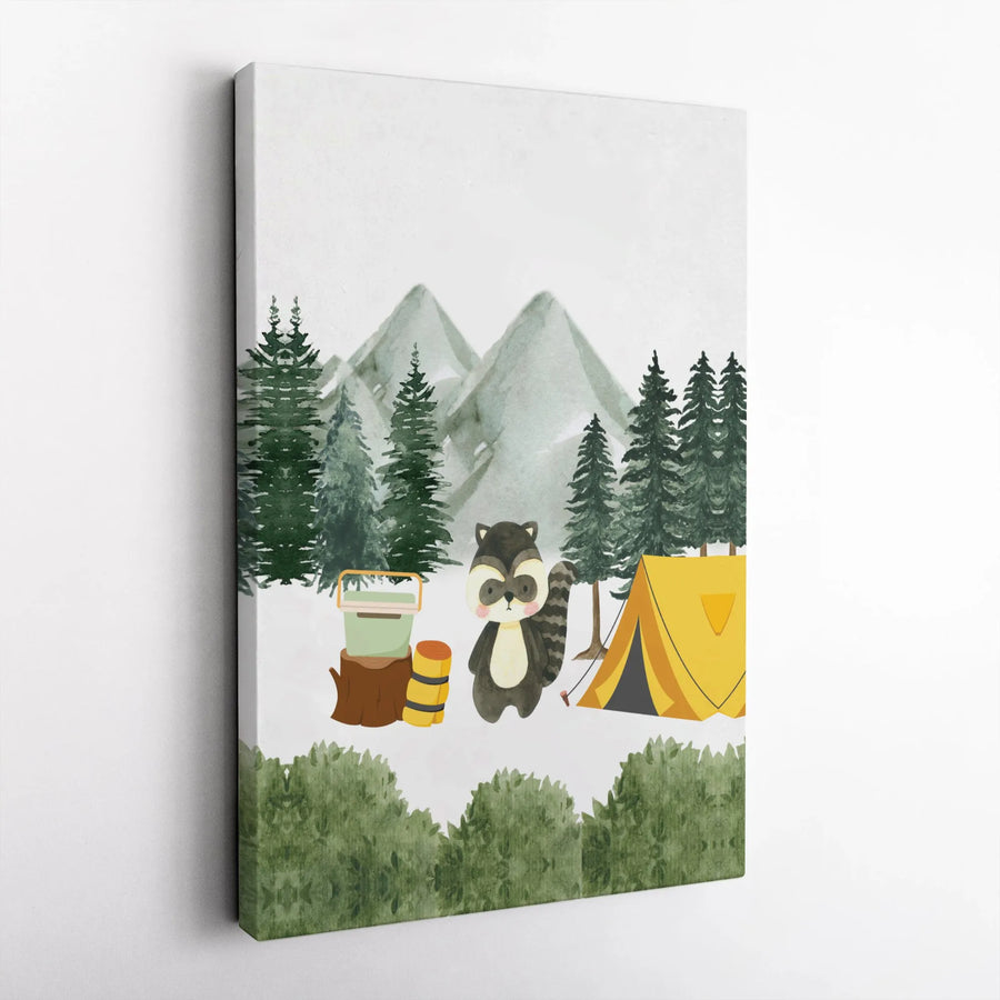 Woodland Nursery Canvas Art | Cute Raccoon Camping Scene Print | Premium Stretched Canvas | Gender Neutral Kids Room Decor & Baby Shower Gift