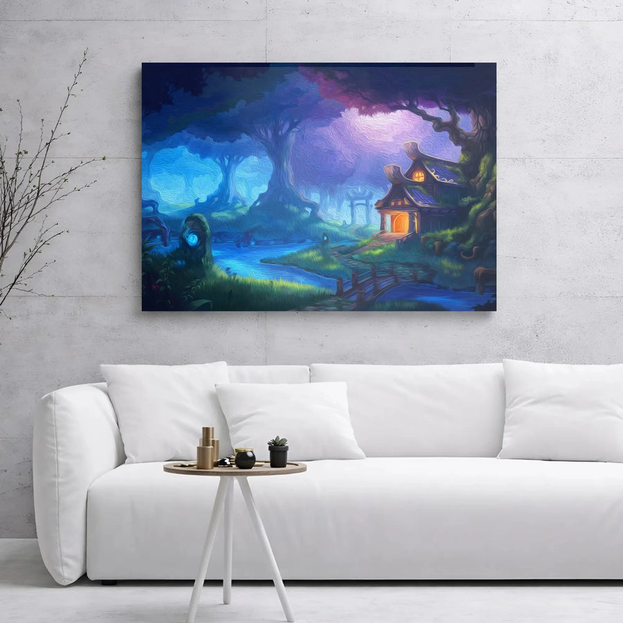 Enchanted Forest Canvas Print | Glowing Cottage Fantasy Landscape | Gallery Wrap Wall Art | Magical Bedroom Home Decor Gift