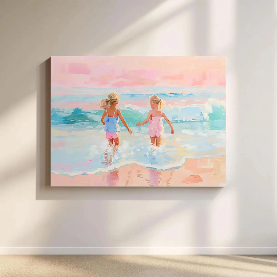 Sisters on Beach Canvas Print | Pastel Ocean Seascape Painting | Premium Gallery Quality Art | Coastal Nursery Wall Decor Gift