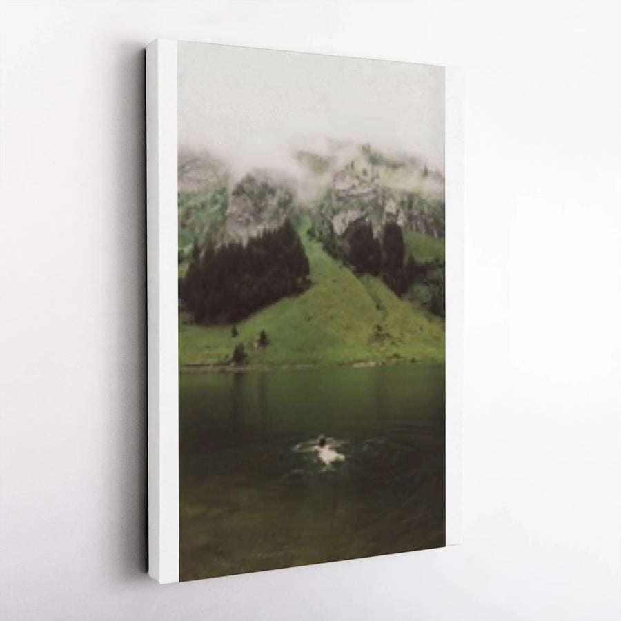 Misty Mountain Lake Vertical Canvas | Serene Wild Swimming Art Print | Premium 1.25" Thick Gallery Wrap | Modern Cabin Decor Gift for Nature Lover
