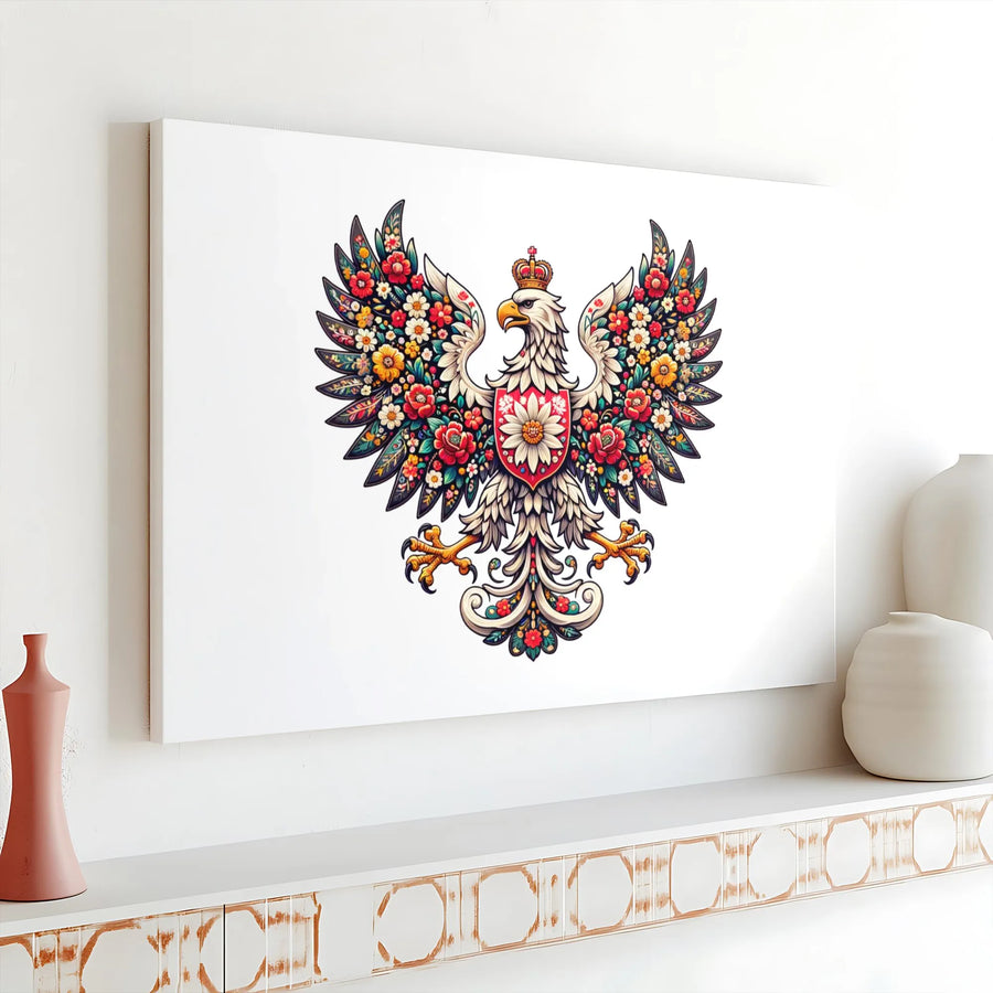 Polish White Eagle Canvas Print | Floral Folk Art Coat of Arms Wall Decor | Gallery-Wrapped Premium Artwork | Heritage Gift for Polish Pride
