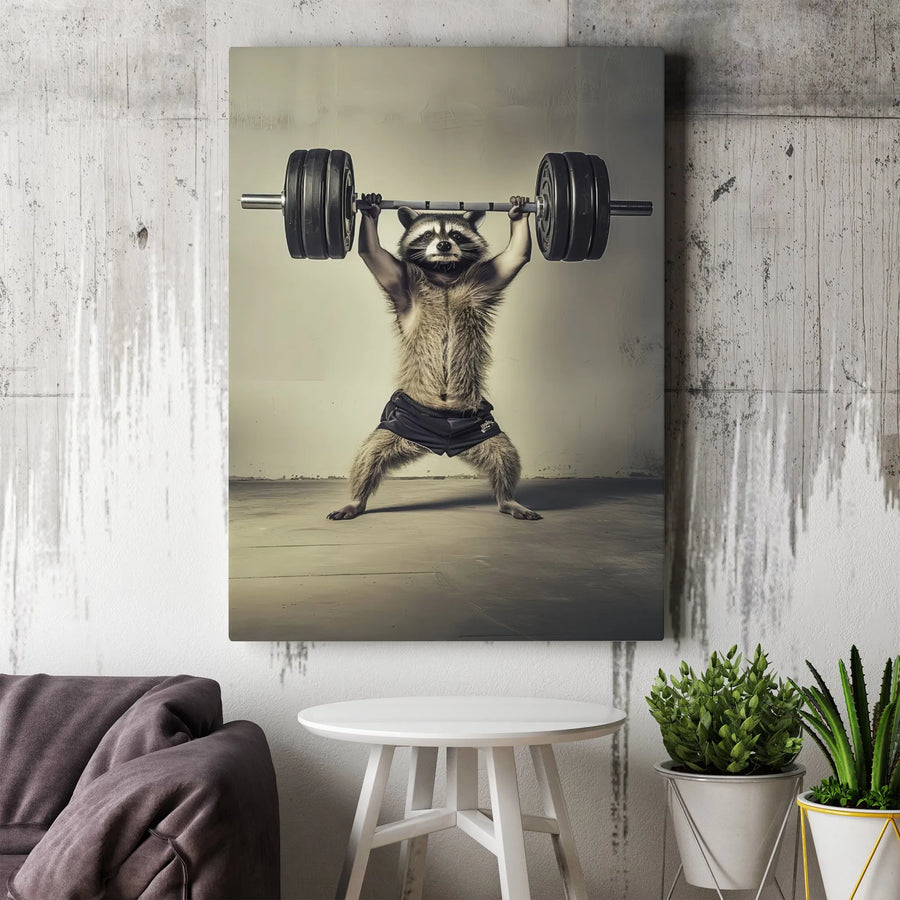 Raccoon Weightlifting Canvas Art | Funny Gym Motivation Wall Decor | Premium 1.25 Inch Gallery Wrap | Unique Gift For Powerlifters & Fitness Fans
