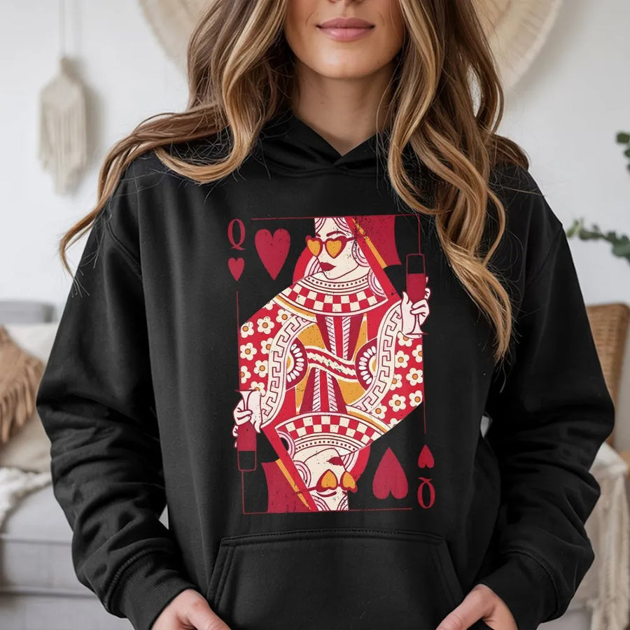 Queen Of Hearts Hoodie | Retro Playing Card Graphic | Premium Cotton Blend | Valentine Gift For Her Women Teens