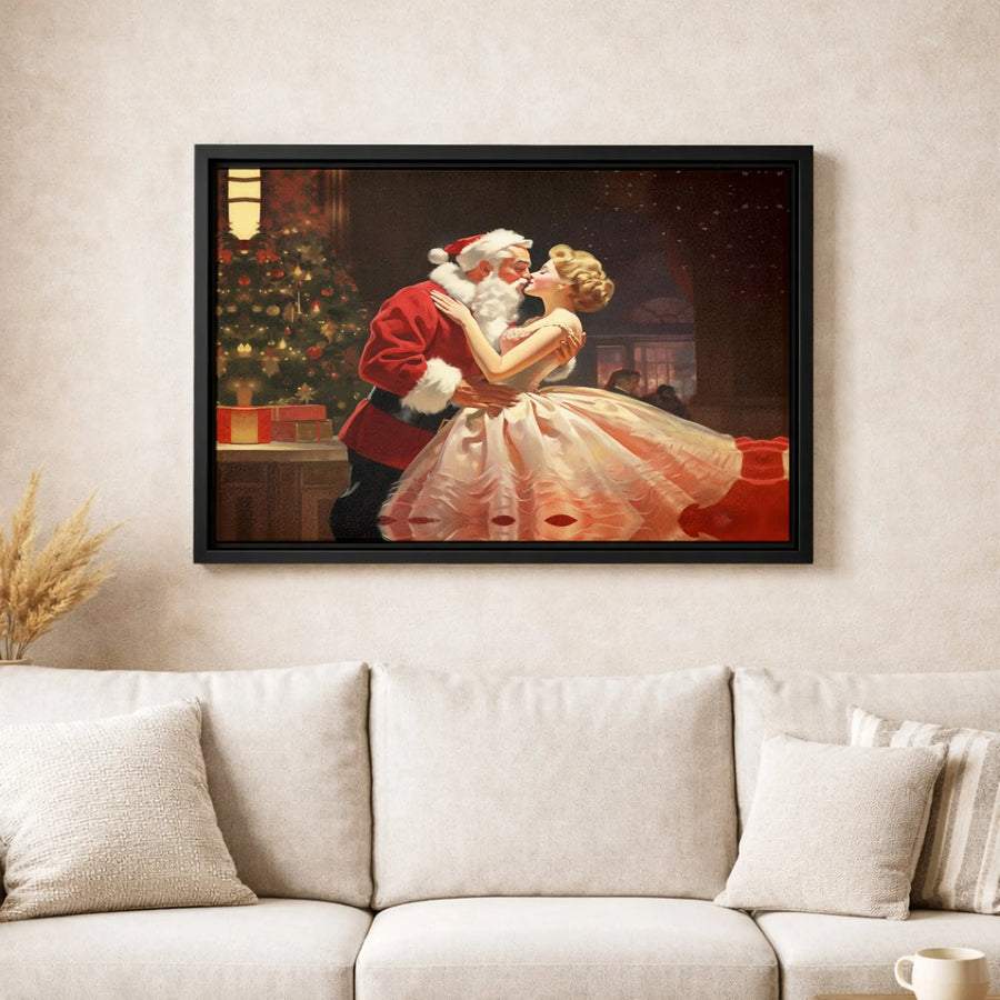 Vintage Santa Claus Kissing Woman Canvas | Retro Christmas Romance Wall Art | Premium Gallery-Wrapped Print | Festive Holiday Home Decor Gift