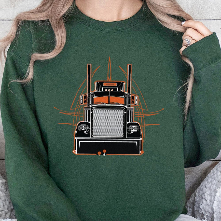 Semi Truck Graphic Sweatshirt | Vintage Pinstripe Big Rig Design | Premium Cotton Blend | Gift For Trucker, Diesel Driver, Truck Enthusiast