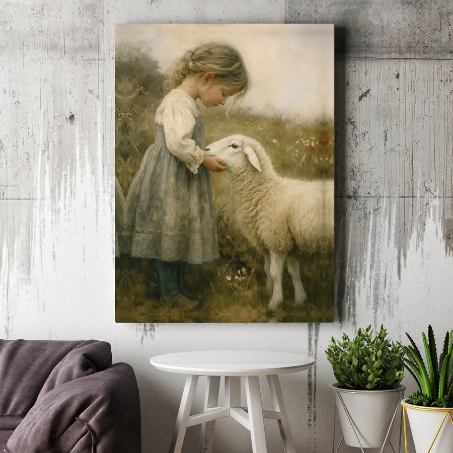 Girl With Lamb Wall Art | Vintage Pastoral Countryside Painting | Premium Gallery Wrap Canvas | Nursery Or Farmhouse Decor Gift