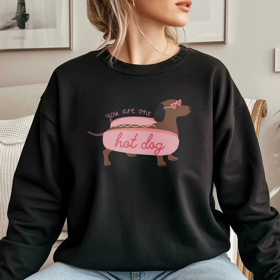 Funny Dachshund Sweatshirt | 'You Are One Hot Dog' Wiener Dog Pun | Cozy Cotton-Blend Sweatshirt | Cute Valentine's Day Gift for Dog Lovers
