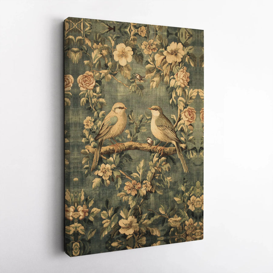 Vintage Bird Tapestry Wall Art | Floral Botanical Illustration | Premium Gallery Canvas | Cottagecore Home Decor Gift for Nature Lovers