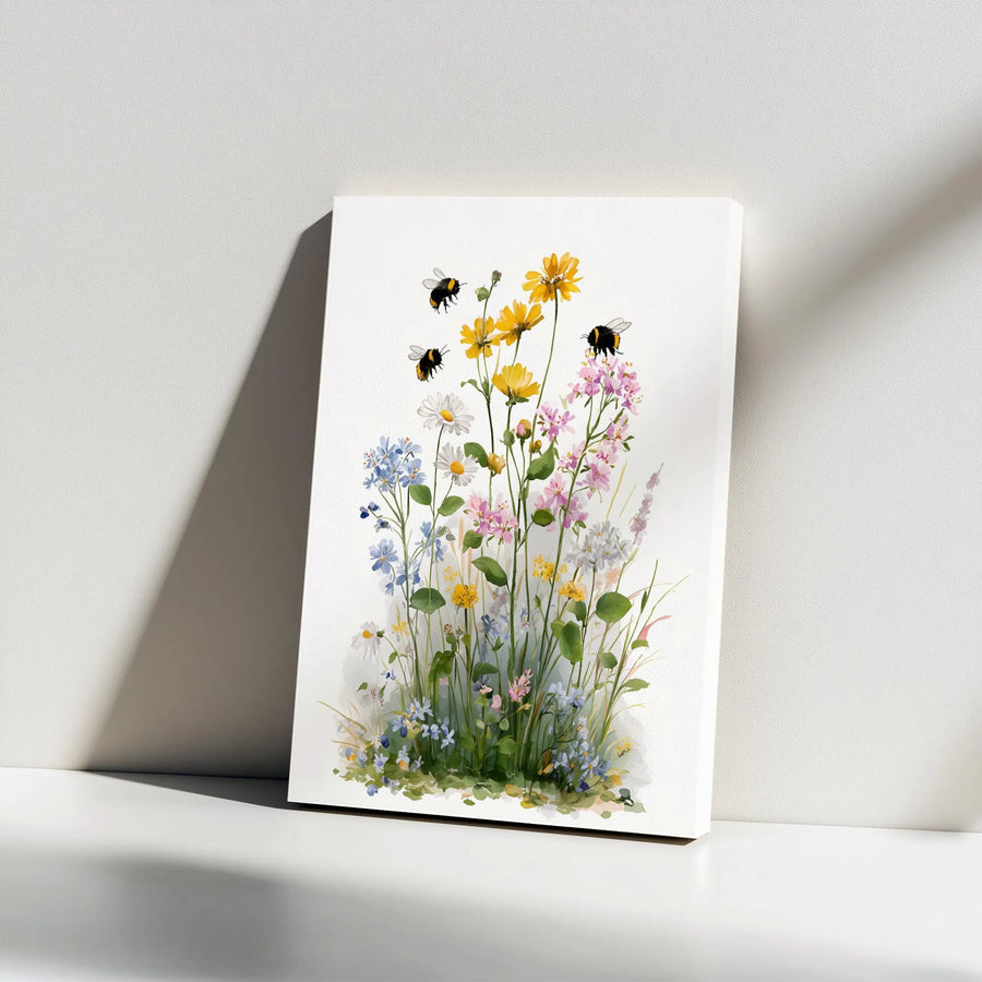 Wildflower and Bee Vertical Canvas | Watercolor Botanical Meadow Print | Premium Gallery Wrap Wall Art | Nature Lover Gift for Home Decor