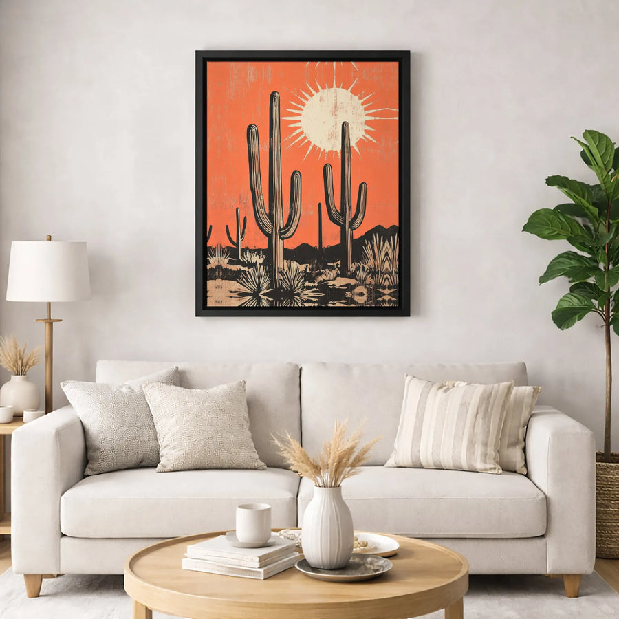 Desert Saguaro Cactus Canvas Art | Rustic Mid-Century Modern Sun Print | 1.25 Inch Gallery Wrap | Southwestern Home Decor Gift