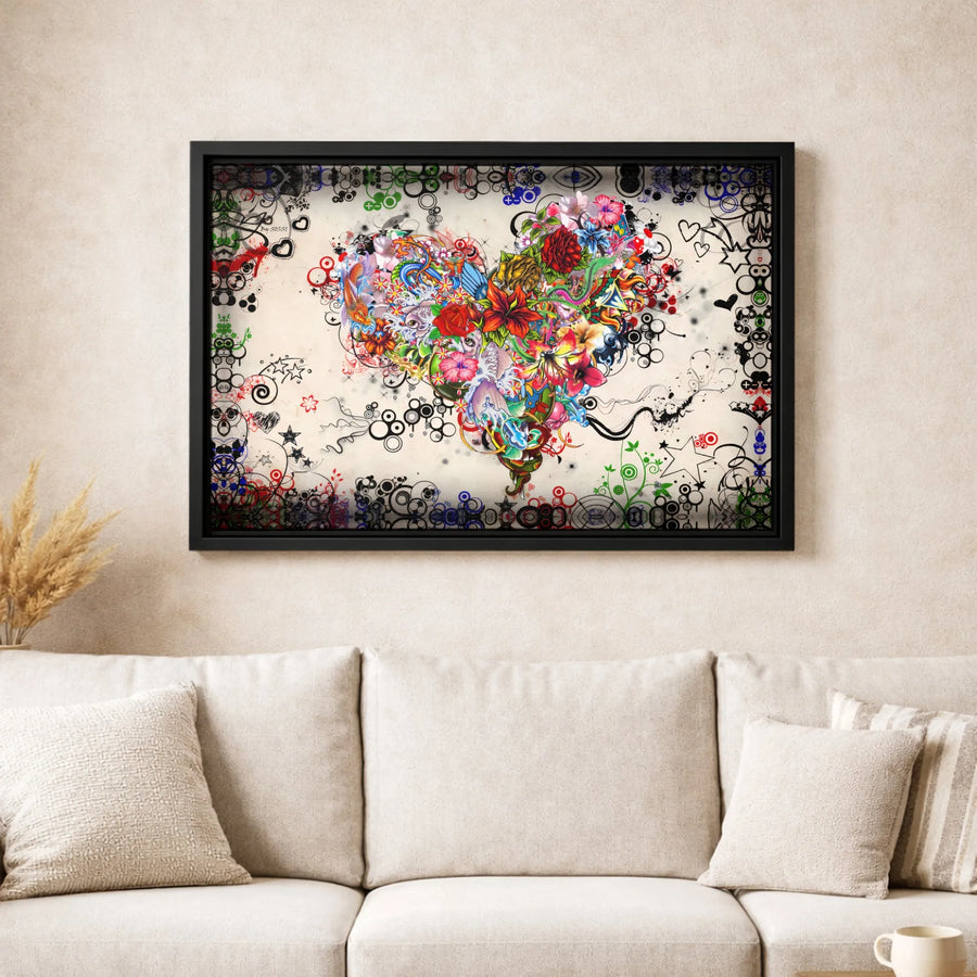 Floral Heart Wall Art | Colorful Graffiti Abstract Canvas Print | Premium Gallery Wrapped Decor | Modern Romantic Home Gift