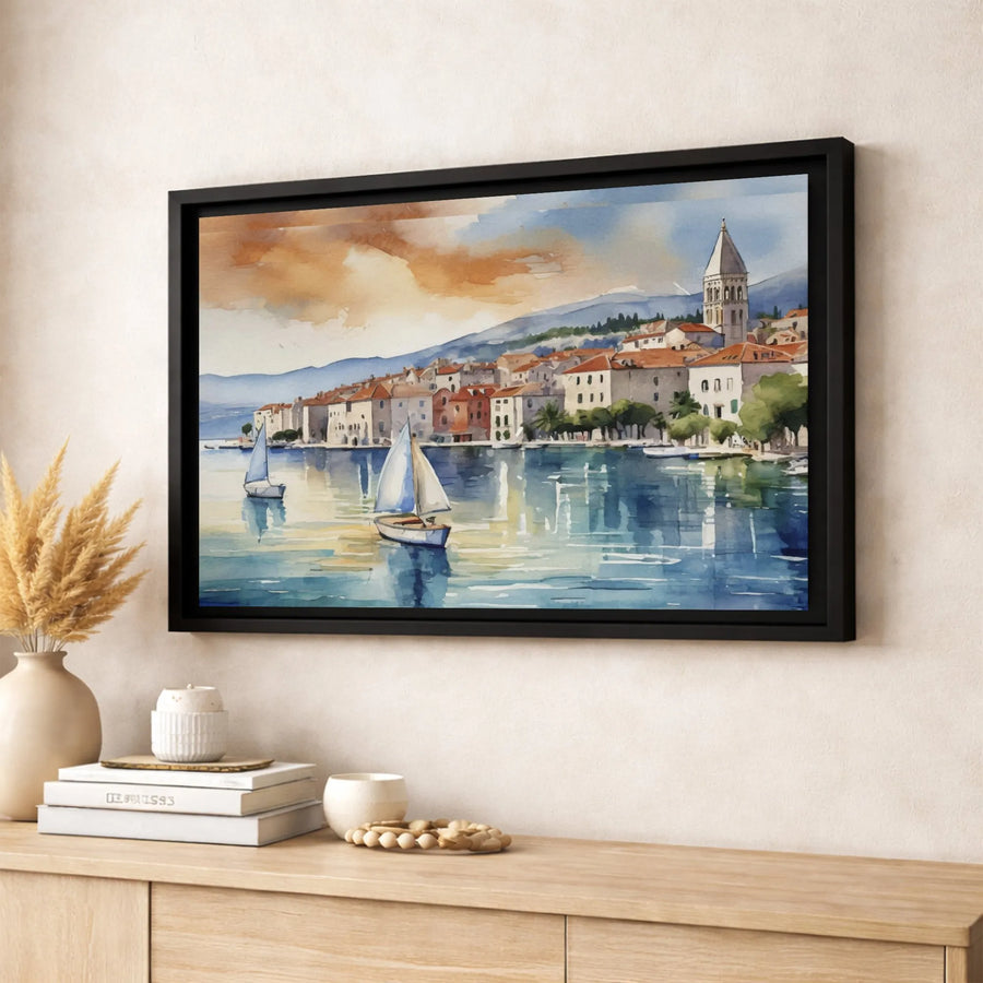Mediterranean Coastal Town Canvas Print | Watercolor Sailboat Harbor Art | Gallery-Quality 1.25" Thick Frame | Nautical Wall Decor for Home