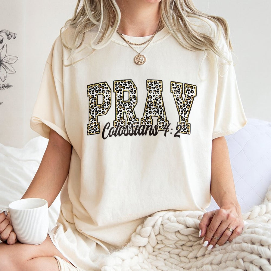 Pray Bible Verse T-Shirt | Leopard Print Collegiate Lettering | 100% Cotton Premium Quality | Christian Faith Apparel Gift for Women