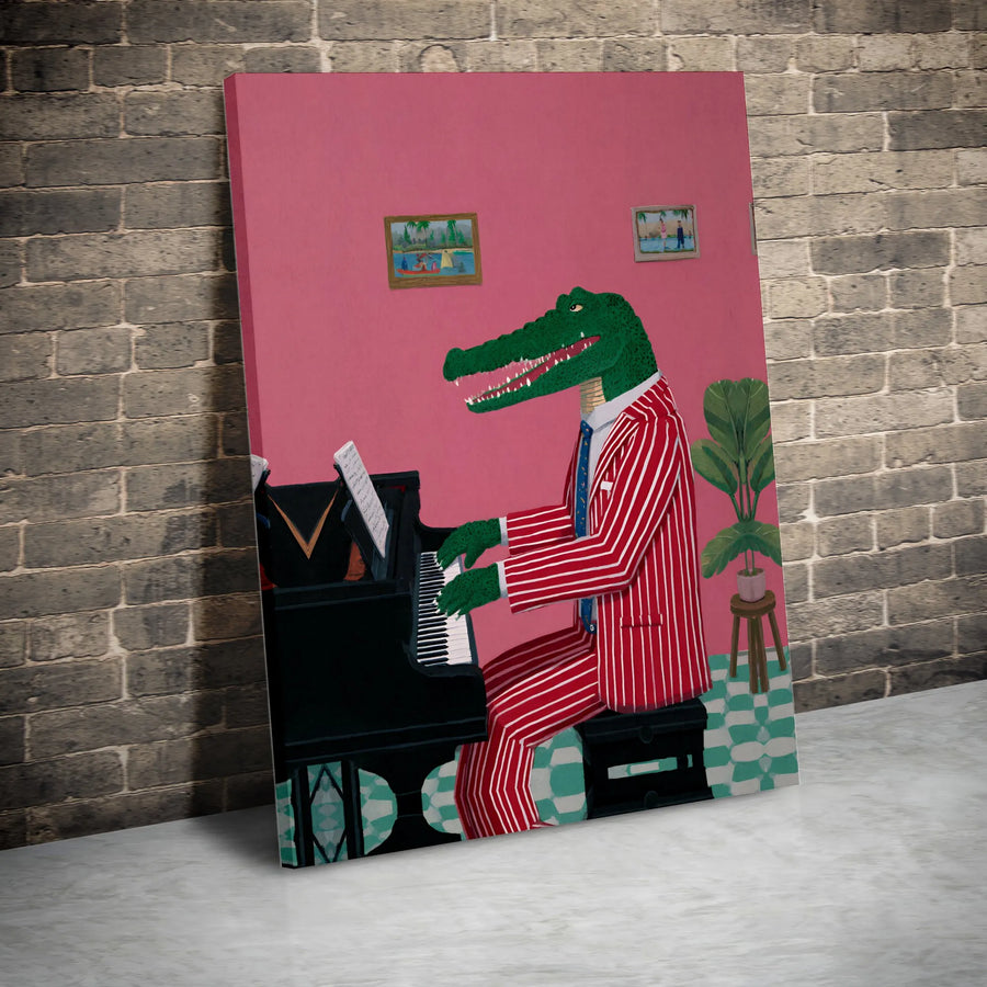 Alligator Playing Piano Canvas Art | Whimsical Animal Musician Print | Premium Gallery Wrapped Canvas | Quirky Home Decor Gift for Music Lovers