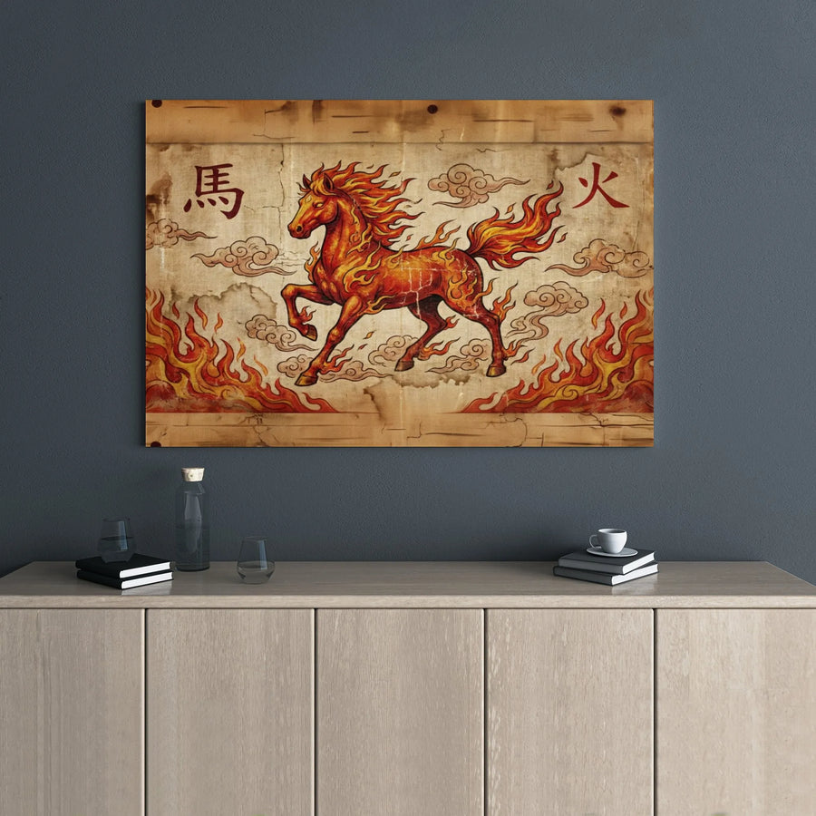 Fire Horse Wall Art | Chinese Zodiac Year of the Horse Canvas | Premium Gallery Wrap Decor | Mythical Animal Home Office Gift
