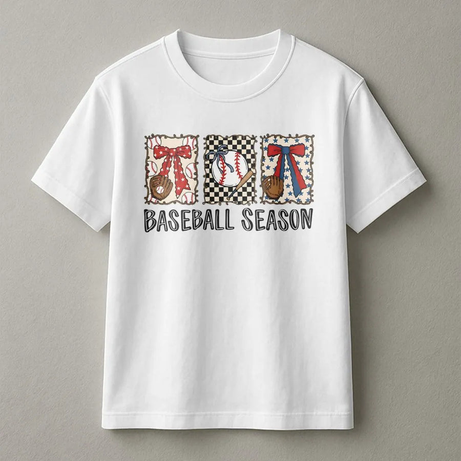 Baseball Season T-Shirt | Retro Patriotic Bow Graphic Pullover | Soft Cotton Blend | Game Day Apparel Gift for Softball Mom