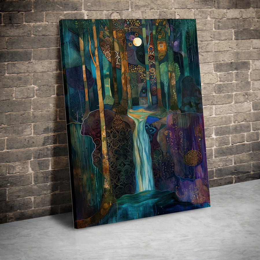 Abstract Forest Canvas Print | Art Nouveau Style Moonlight Waterfall | Thick Gallery Wrap Canvas | Premium Boho Living Room Wall Decor Gift