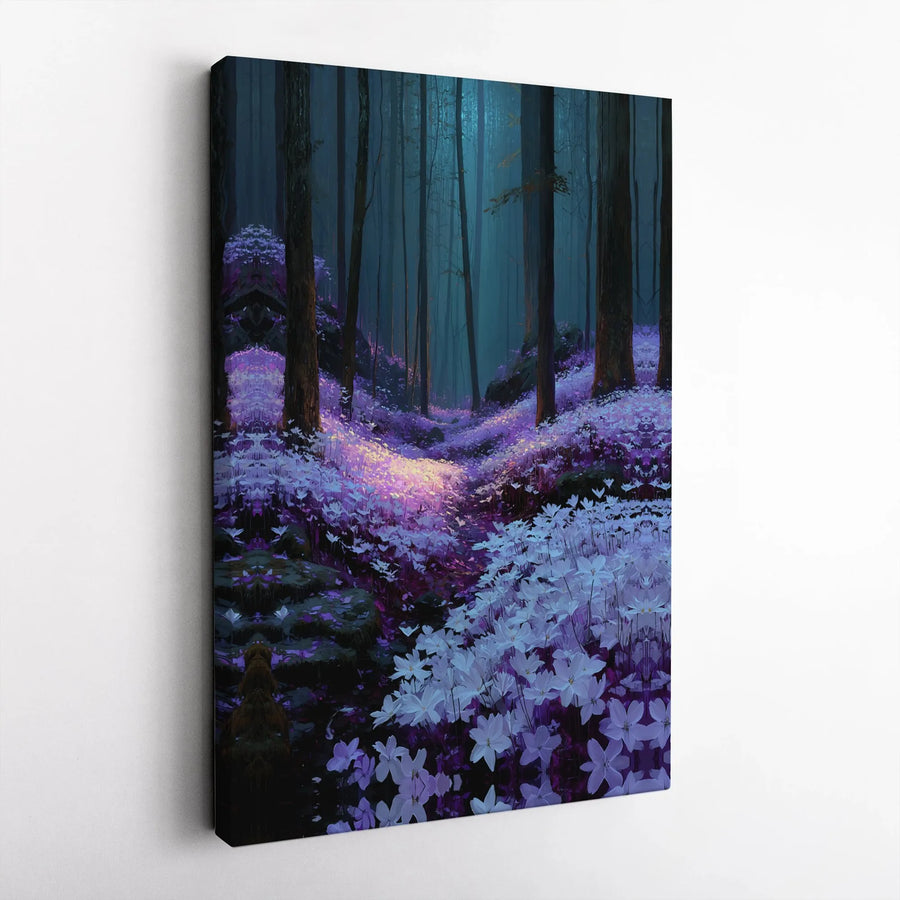 Enchanted Forest Canvas Wall Art | Glowing Purple Floral Path | 1.25-Inch Gallery Wrap Print | Whimsical Nature Decor For Home Or Office