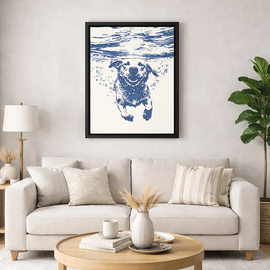 Swimming Dog Canvas Wall Art | Blue Underwater Dog Portrait | 1.25-Inch Thick Premium Gallery Wrap | Modern Animal Decor Gift For Dog Lovers