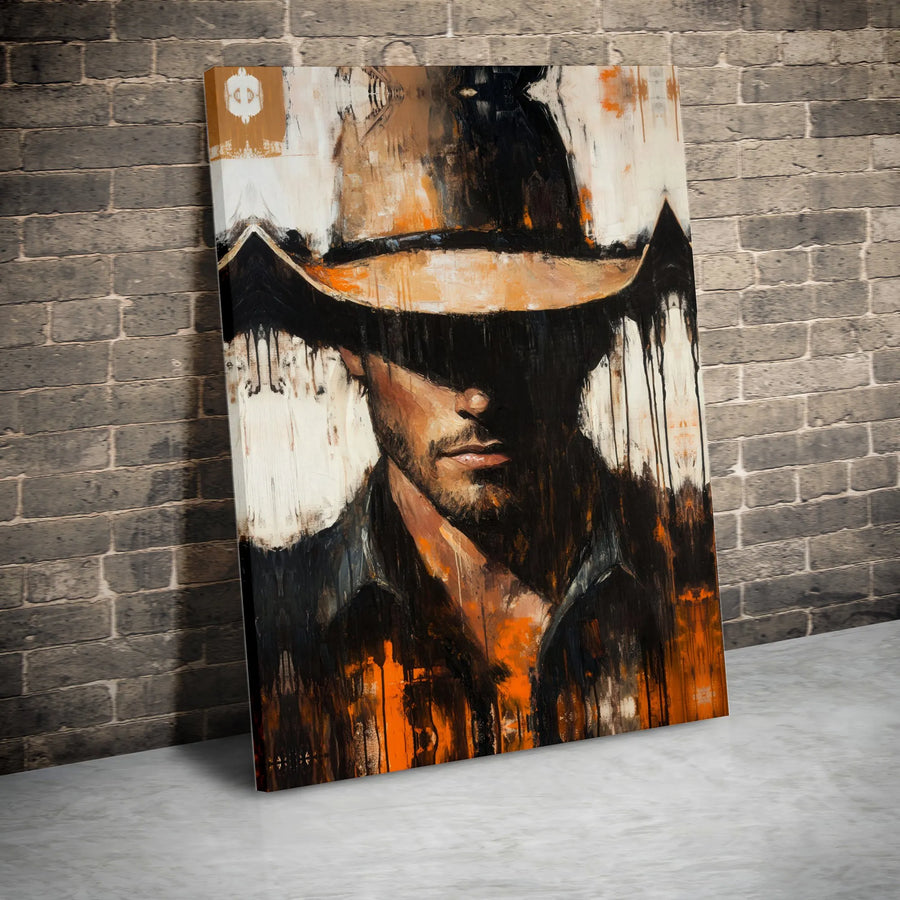 Abstract Cowboy Wall Art | Moody Western Portrait with Shadowed Hat | Premium Gallery Wrap Canvas | Rustic Home Decor Gift for Him
