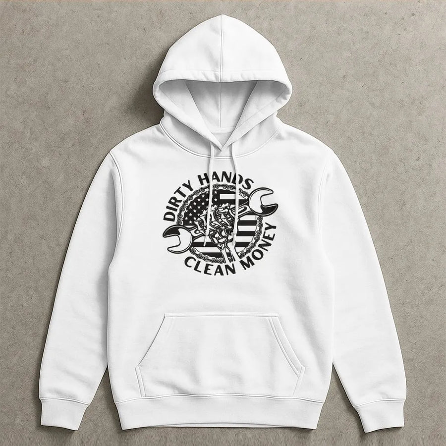 Mechanic Hoodie | Dirty Hands Clean Money American Flag Graphic | Premium Cotton Blend | Gift for Blue Collar Worker Hard Worker