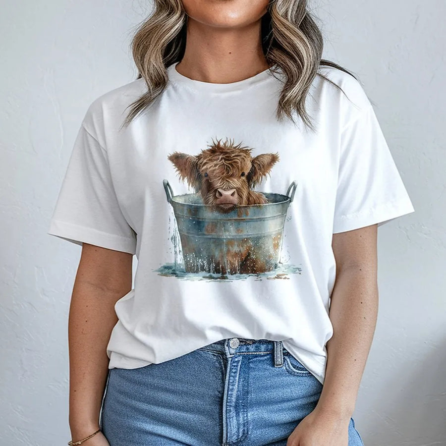 Highland Cow In Bucket T-Shirt | Cute Farm Animal Watercolor Graphic | 100% Cotton Premium Apparel | Gift For Cow Lovers And Farmers
