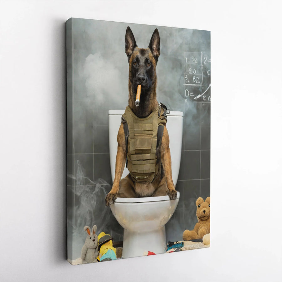 Belgian Malinois Wall Art | Tactical Dog Smoking Cigar on Toilet Print | Premium 1.25" Gallery Canvas | Funny Military Dog Lover Gift