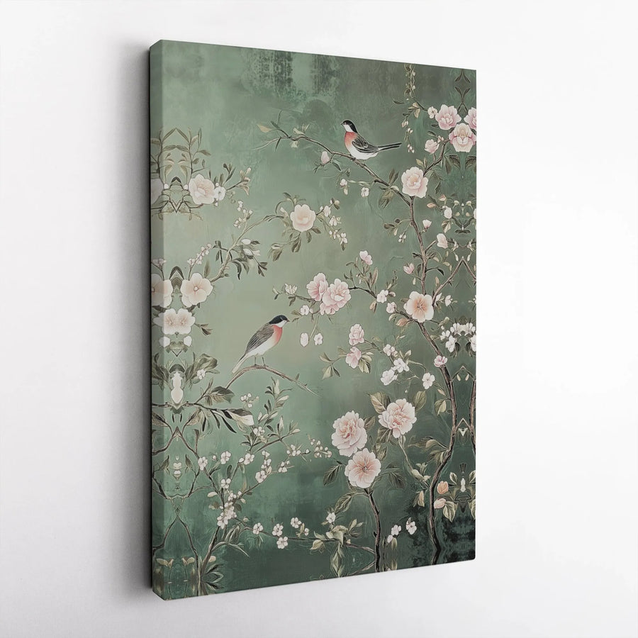Chinoiserie Wall Art Canvas | Sage Green Floral Bird Print | Premium Gallery Wrap Decor | Nature Inspired Gift for Home Office