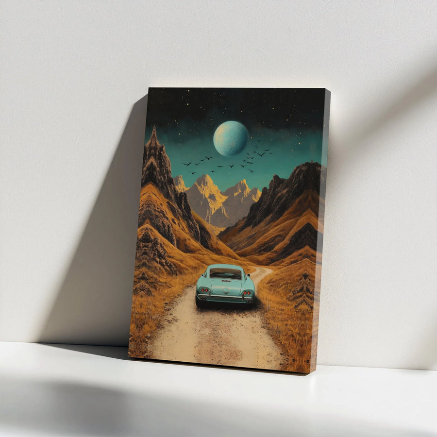 Vintage Car Canvas Art | Retro Sci-Fi Mountain Road Trip Scene | Premium Gallery Wrapped Canvas | Collector's Gift for Car Enthusiast