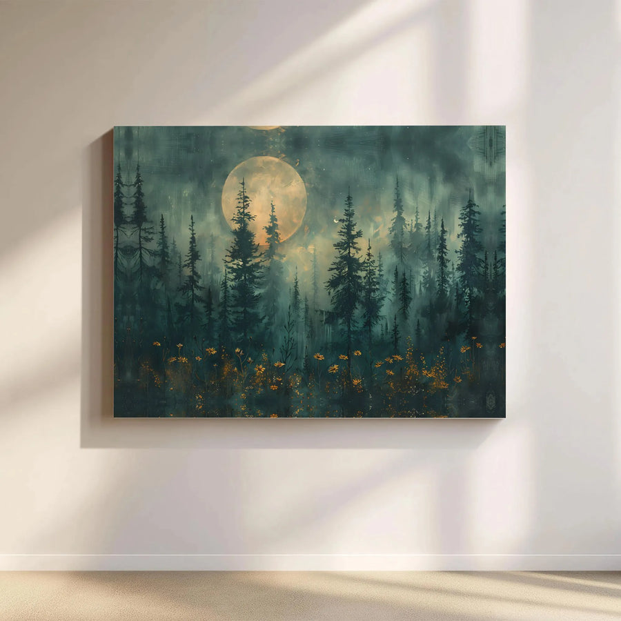Misty Forest Canvas Wall Art | Ethereal Full Moon Painting | Premium Gallery Wrapped Canvas | Rustic Cabin Decor Gift