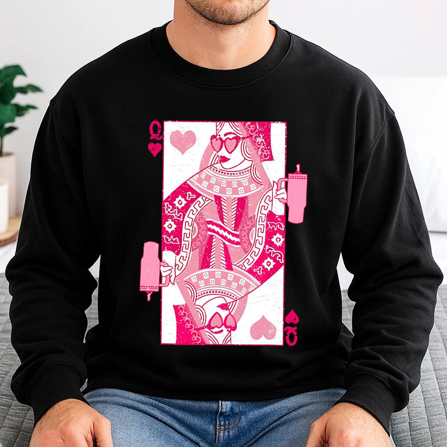 Queen Of Hearts Sweatshirt | Retro Playing Card Graphic | Soft Cotton Blend Unisex Pullover | Romantic Valentine's Day Gift For Her