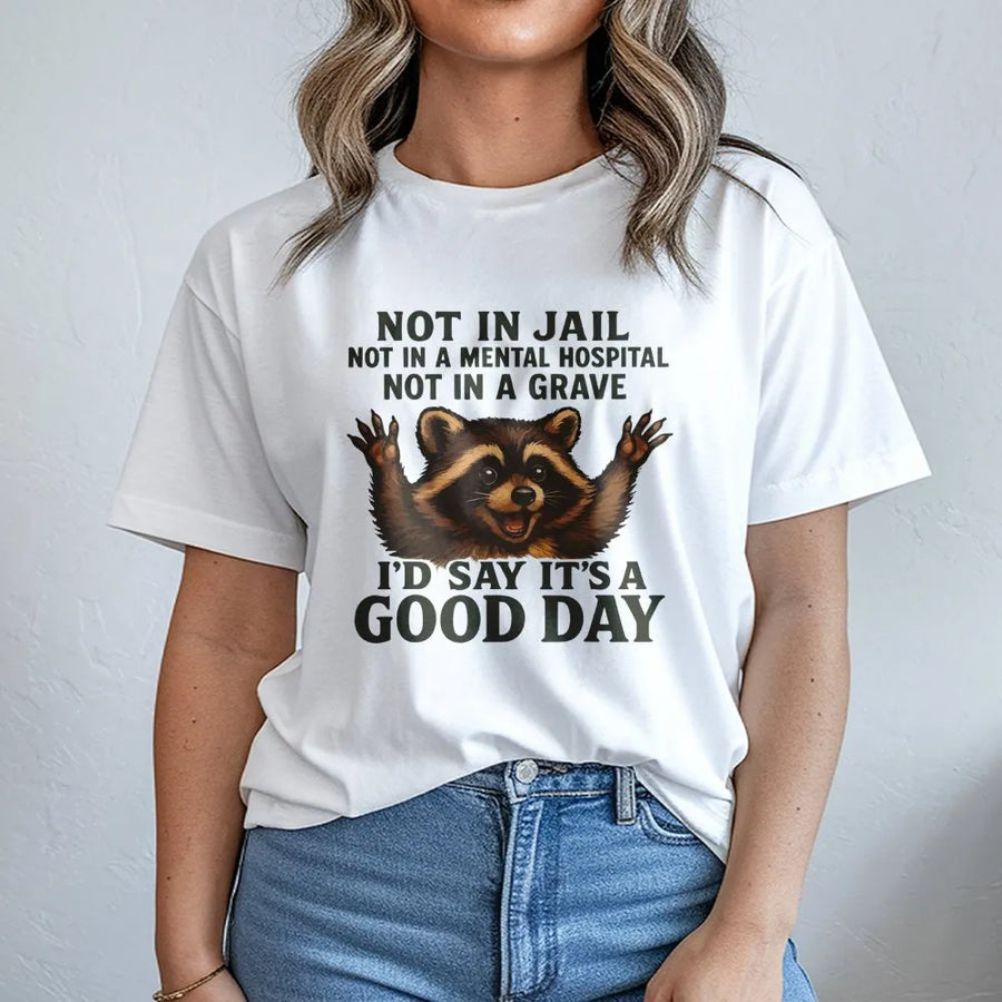 Funny Raccoon T-Shirt | Not In Jail Not In A Grave Good Day Graphic | Premium Soft Cotton Tee | Sarcastic Humor Gift For Men And Women