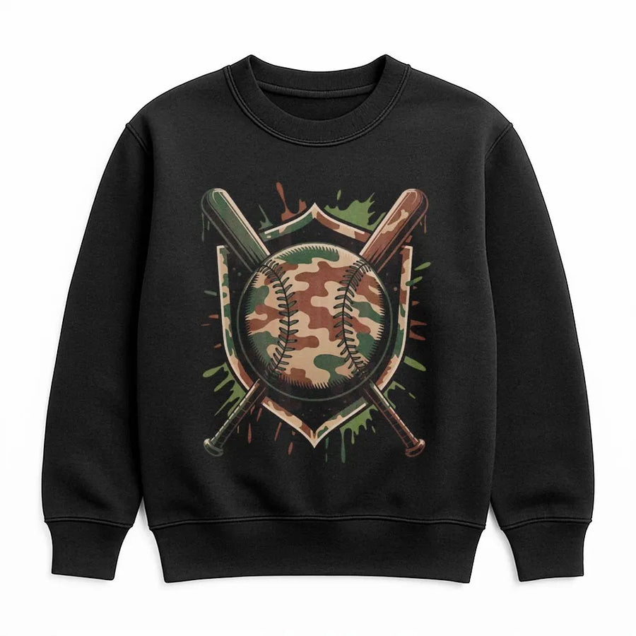 Baseball Camo Sweatshirt | Crossed Bat Shield Graphic Print | Premium Cotton Blend Fleece | Unisex Sports Gift For Baseball Fans