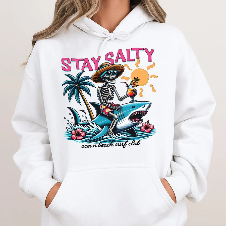 Stay Salty Skeleton Shark Hoodie | Funny Retro Surfer Graphic | Premium Cotton | Summer Vacation Gift for Men & Women