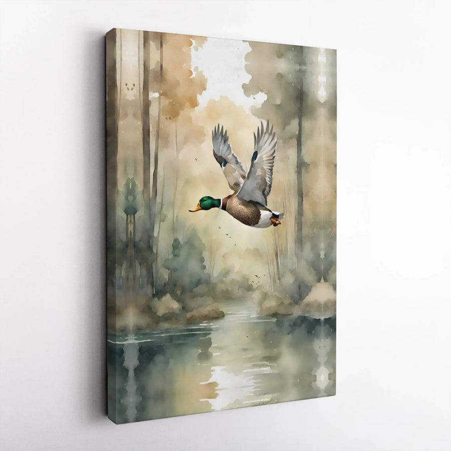 Mallard Duck Canvas Wall Art | Watercolor Misty River Forest Print | Gallery-Quality 1.25” Deep | Nature Lover Home Decor Gift