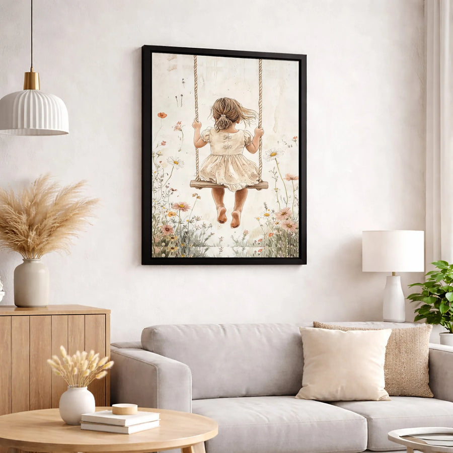 Little Girl On Swing Canvas Art | Watercolor Wildflower Meadow Print | 1.25-Inch Gallery Wrap | Whimsical Nursery & Home Decor Gift