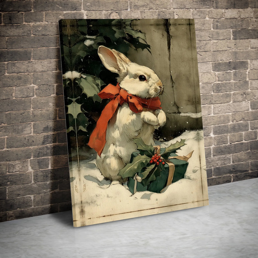 Vintage Christmas Rabbit Canvas Wall Art | Whimsical Bunny with Red Bow and Holly | Premium Fade-Resistant Gallery Wrap | Cozy Holiday Home Decor Gift