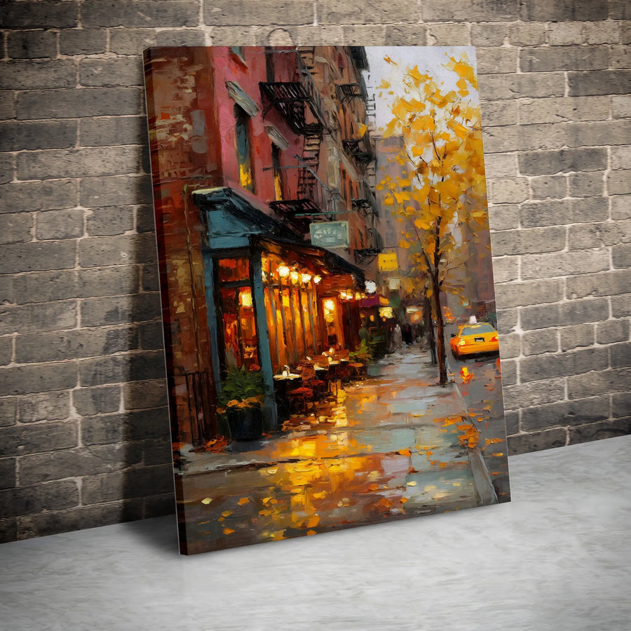 Autumn in New York Canvas Wall Art | Impressionist Rainy Street Cafe Painting | Premium Gallery Wrapped Print | Modern Urban Home Decor Gift