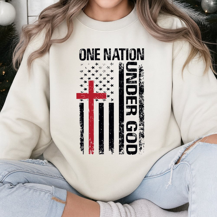 One Nation Under God Sweatshirt | Distressed USA Flag With Cross Design | Premium Cotton Blend | Faith Based Patriotic Gift For Men And Women