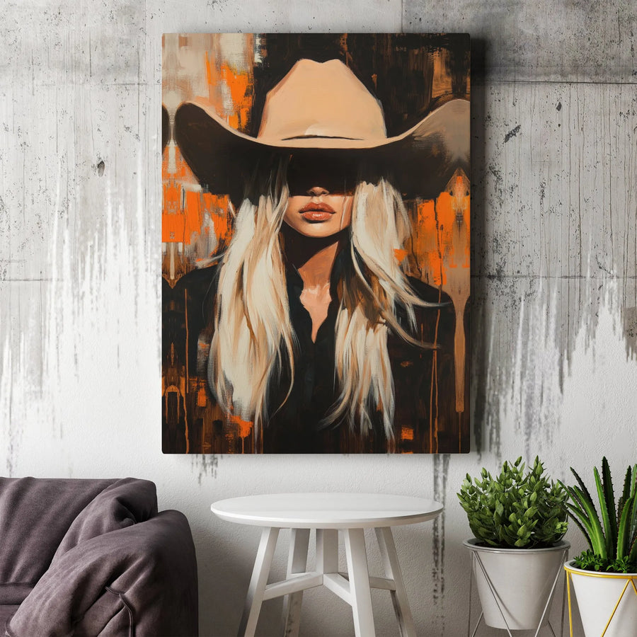 Blonde Cowgirl Canvas Wall Art | Abstract Western Oil Painting Style | Premium 1.25" Gallery Wrap | Boho Country Home Decor Gift