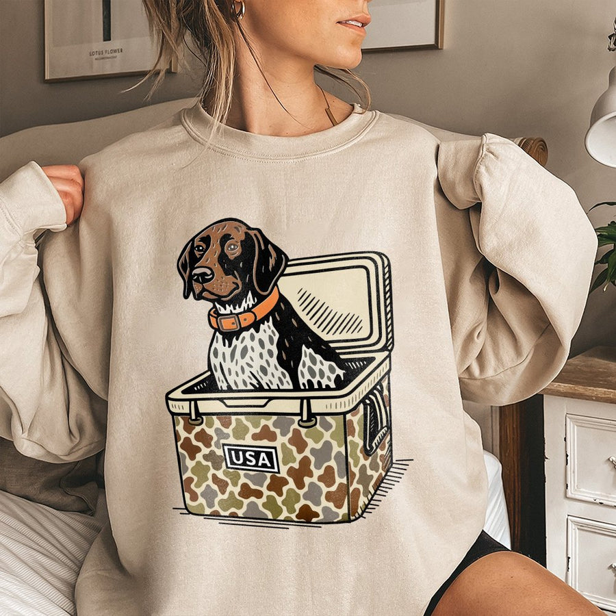 German Shorthaired Pointer Sweatshirt | GSP Dog in Camo Cooler Graphic | Premium Cotton Blend | Country Hunting Gift for Dog Owners
