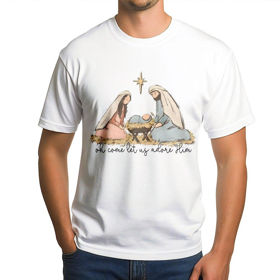 Nativity Scene Graphic T-Shirt | Oh Come Let Us Adore Him Religious Art | Premium 100% Cotton Tee | Christian Christmas Holiday Gift for Women Men