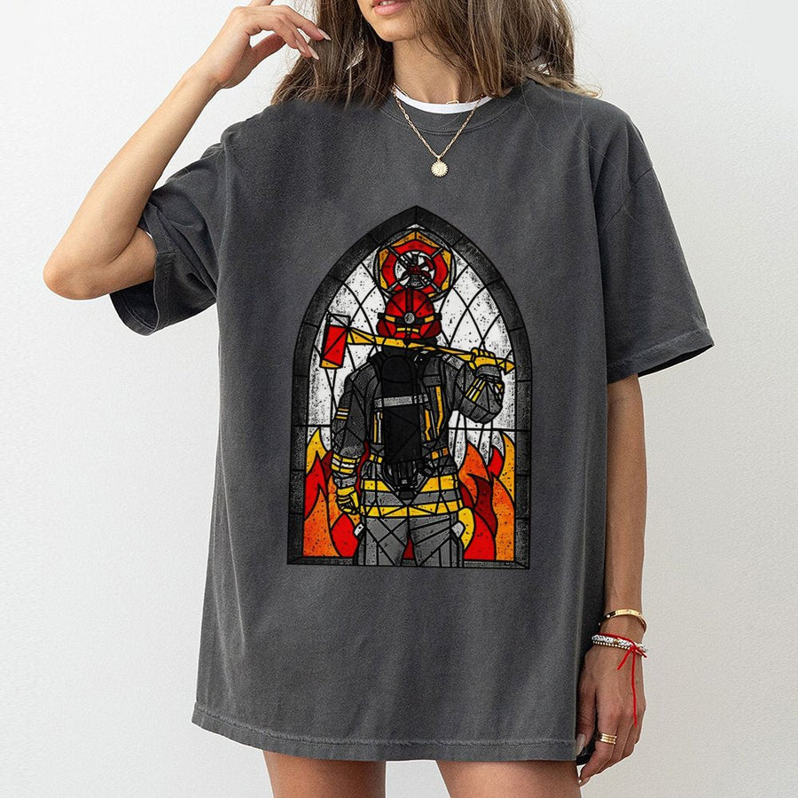 Firefighter T-Shirt | Stained Glass Art Graphic | 100% Premium Cotton | Unique Gift for Fireman and First Responder Hero
