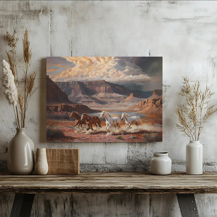 Wild Horses Canvas Wall Art | Galloping Canyon Desert Landscape | Premium Gallery Wrapped Print | Western Home Decor Gift