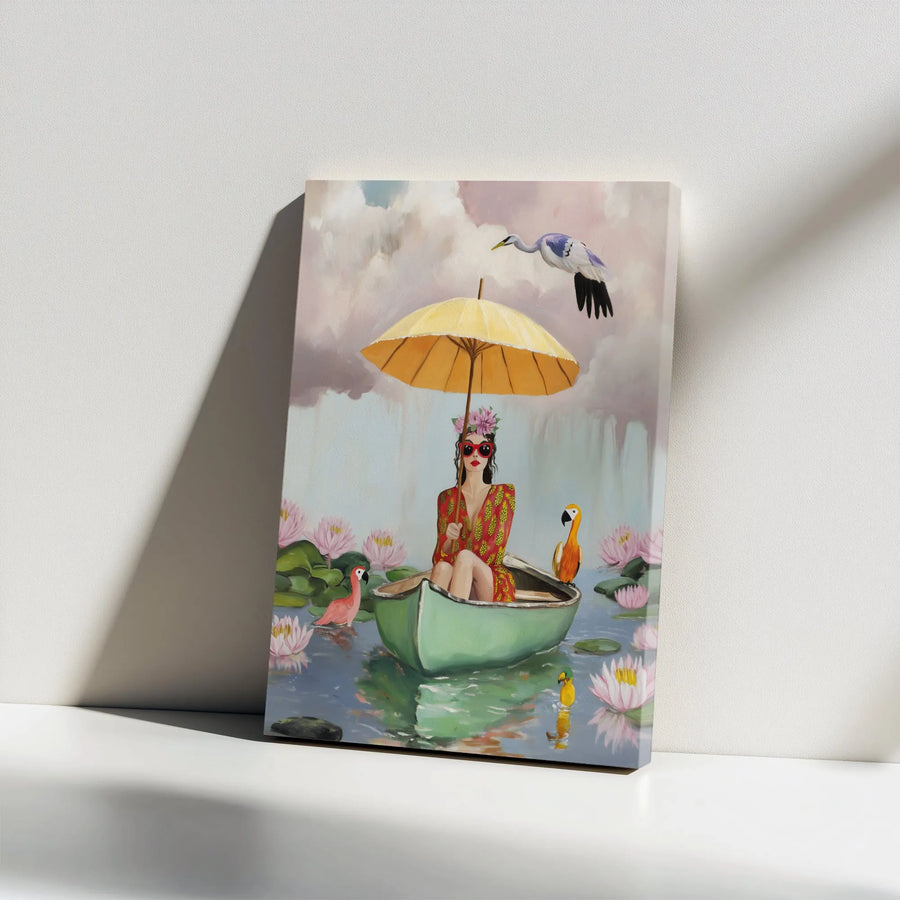 Surreal Woman in Boat Canvas Art | Painterly Scene with Umbrella & Flamingo | Premium Thick Gallery Wrapped Canvas | Eclectic Home Decor Gift for Her